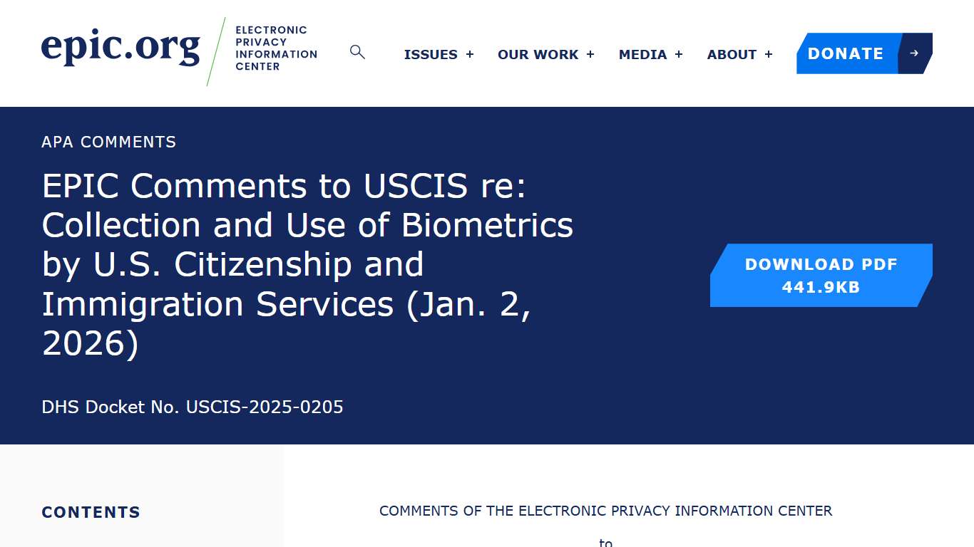 EPIC Comments to USCIS re: Collection and Use of Biometrics by U.S. Citizenship and Immigration Services (Jan. 2, 2026) – EPIC – Electronic Privacy Information Center