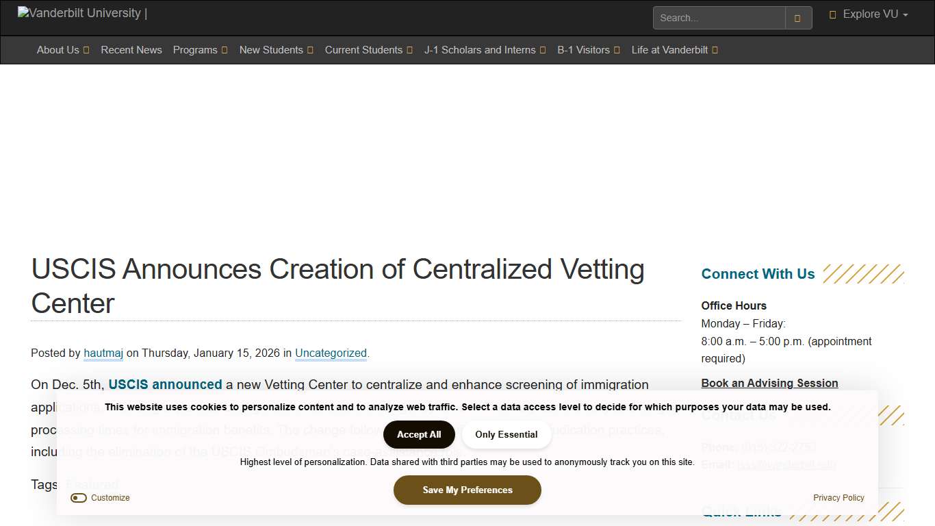 USCIS Announces Creation of Centralized Vetting Center International Student & Scholar Services Vanderbilt University